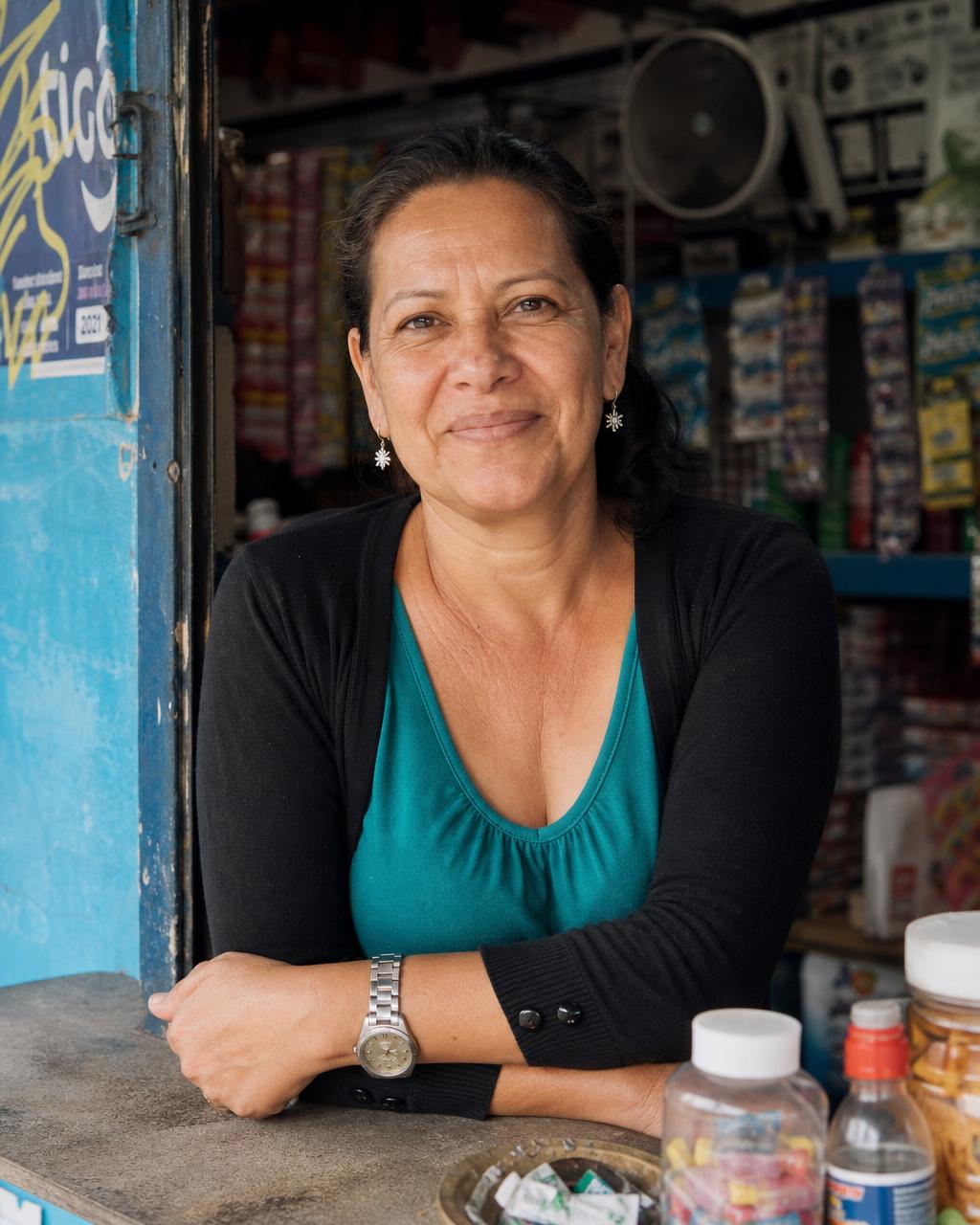 Microempresaria colombiana atendiendo su negocio
